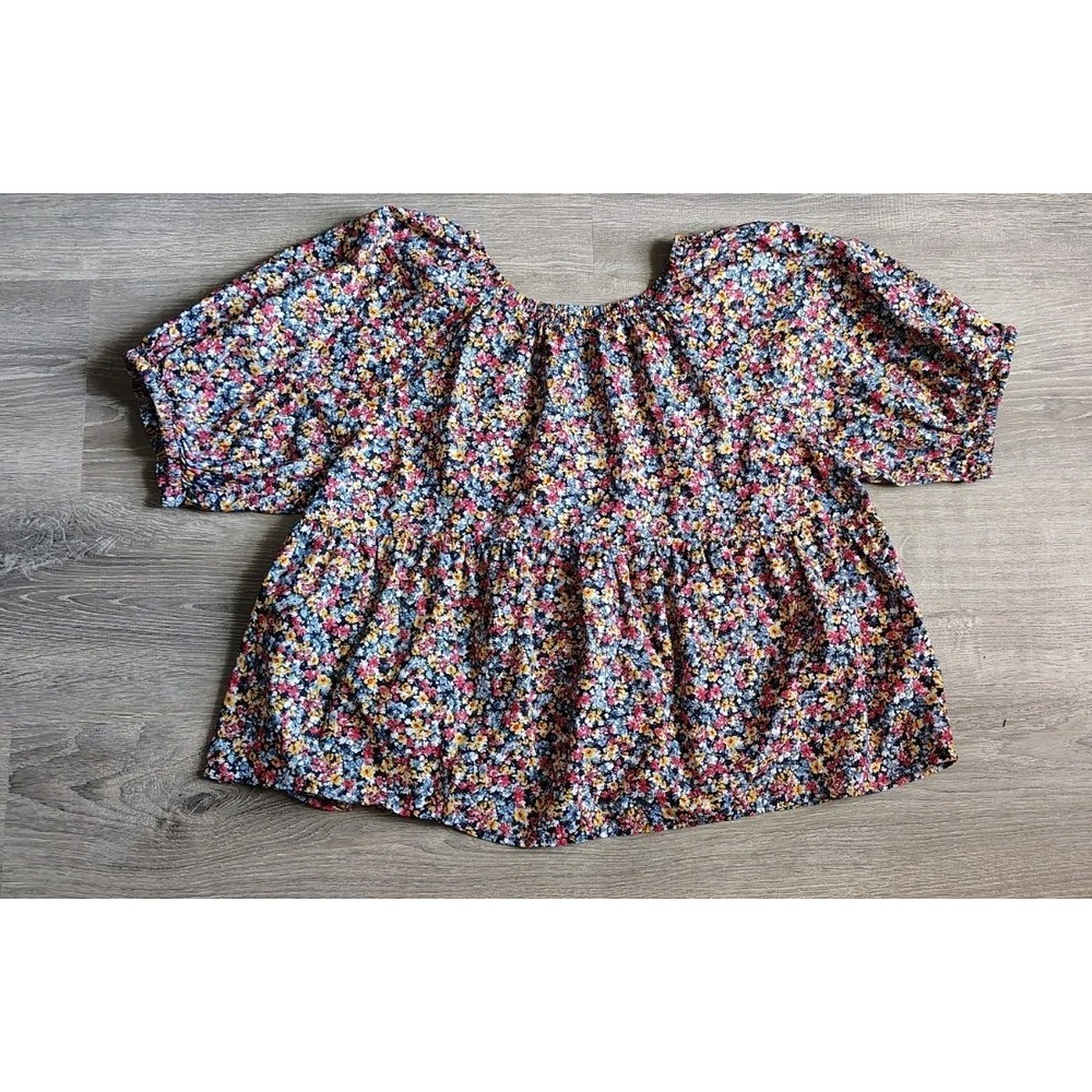 Floral Babydoll Blouse Women's XL Oversized Fit Puff Sleeves Cotton Gap/Old Navy